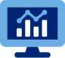 Blue icon of a bar and line chart on a computer monitor